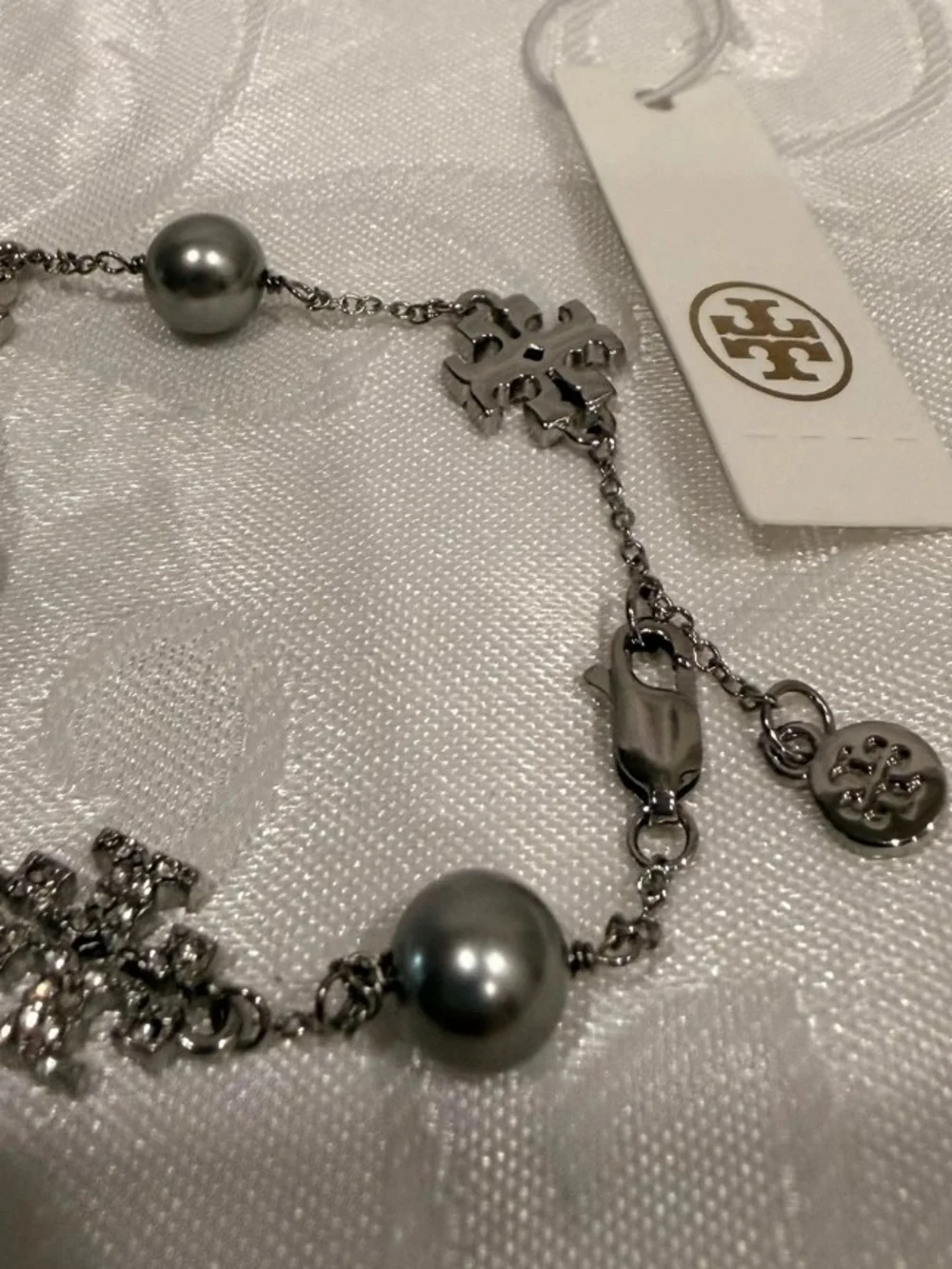 Tory Burch Silver-Tone Gray Pearl & Crystal Logo Bracelet
